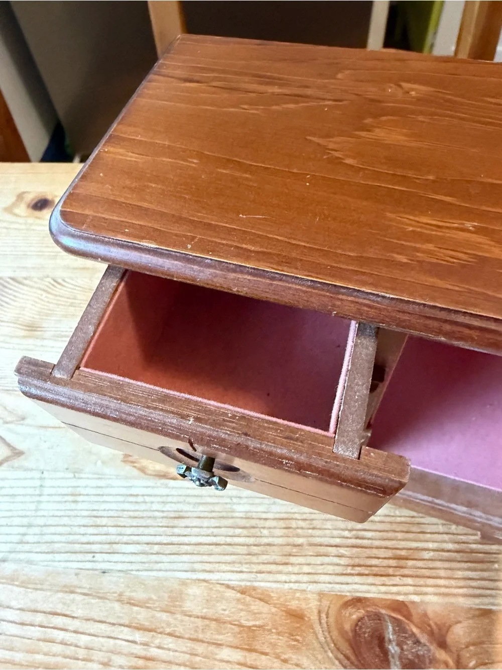 Vintage Wooden Jewelry Cabinet with Floral Glass Door